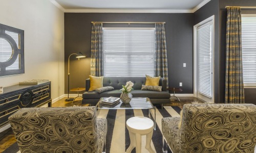 large living room with shaded windows